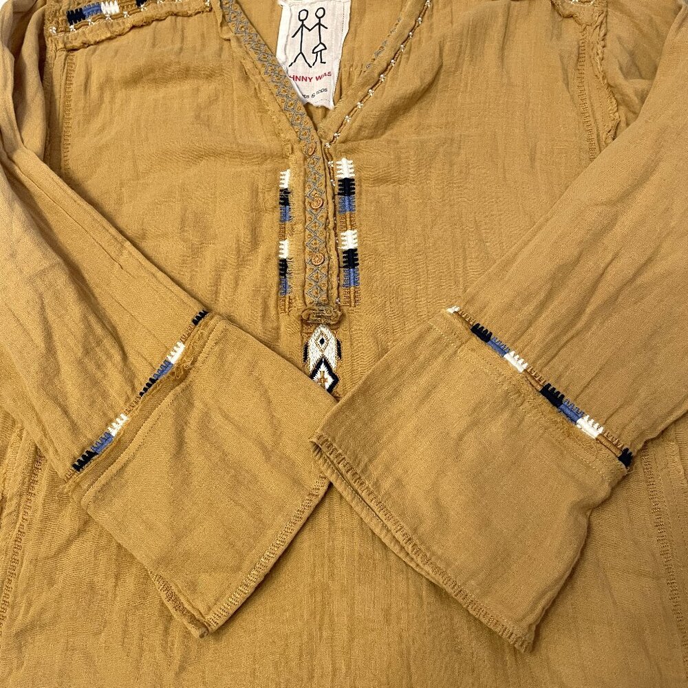 Johnny Was Mars Gauze Tunic Top Sz XL ? Gold Embroidered Aztec Beaded Frayed - Picture 14 of 16